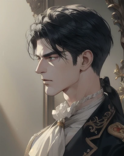 man, 30's, long straight black hair, piercing blue eyes, side-swept bangs, mature, angry, sharp jaw, god eyes, white cravat, full navy blue suit, detailed realistic portrait, photorealistic, hyperrealistic, 8k, detailed clothing, beautiful detailed eyes, beautiful detailed lips, extremely detailed face, cinematic lighting, dramatic shadows, warm color tones, natural lighting, highly detailed, intricate ornate details, masterpiece, artstation, sharp focus, hyper detailed, victorian era