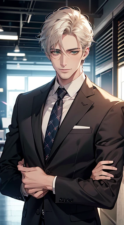 (Highest quality,4K,8K,High resolution,masterpiece:1.2),Super detailed,(Realistic,photoRealistic,photo-Realistic:1.37),1 person,34 years old,Mature Men,Beautiful skin、very handsome,Expressionless smile in love,Short white hair,green eyes,Sharp Eyes,A perfect face without a doubt,Businessman, CEO, Office Background,Cinema Lighting,HDR image,tie、
