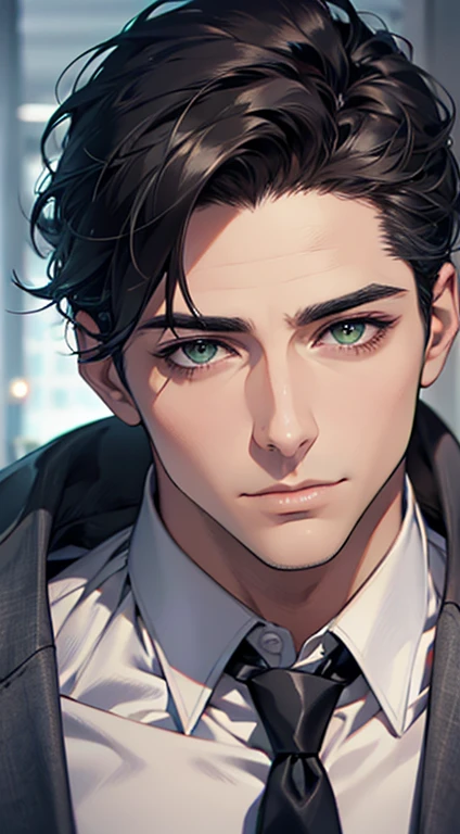 (Highest quality,4K,8K,High resolution,masterpiece:1.2),Super detailed,(Realistic,photoRealistic,photo-Realistic:1.37),1 person,35 years old,Mature Men,Beautiful skin、very handsome,Expressionless,Short gray Black hair,green eyes,Sharp Eyes,A perfect face without a doubt,Businessman, CEO, Office Background,Cinema Lighting,HDR image,tie、