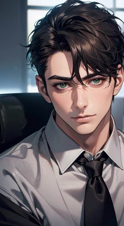(Highest quality,4K,8K,High resolution,masterpiece:1.2),Super detailed,(Realistic,photoRealistic,photo-Realistic:1.37),1 person,35 years old,Mature Men,Beautiful skin、very handsome,Expressionless,Short gray Black hair,green eyes,Sharp Eyes,A perfect face without a doubt,Businessman, CEO, Office Background,Cinema Lighting,HDR image,tie、