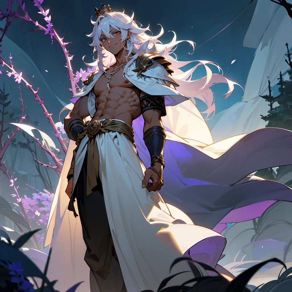 1male, muscular, dark skin, young teen, finely detailed lavander eyes, wild long hair, messy hair, seashell white color hair, adventurer gear, greek robes, night time, dark forest, happy expression, flowers, standing on path, lanturns, black armband, cut over eyebrow, crown made of thorns, no undershirt