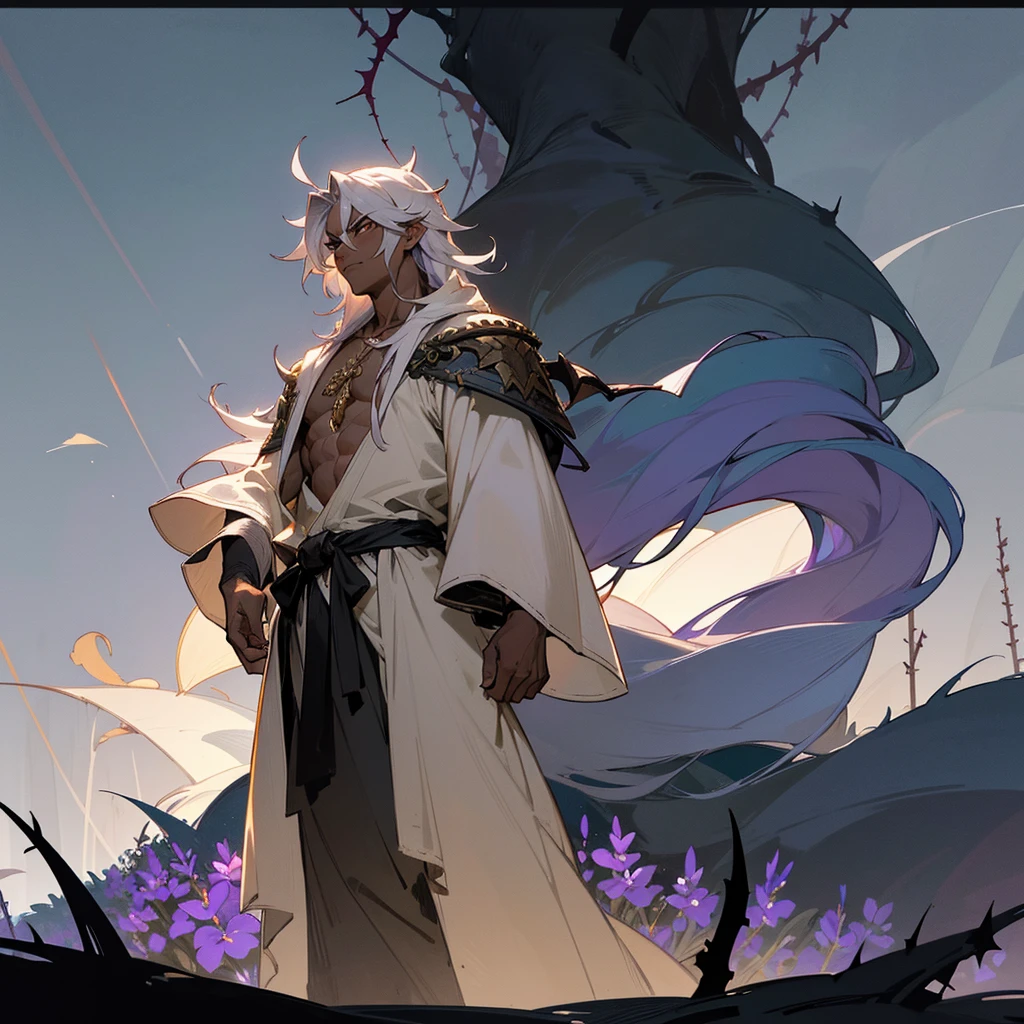 1male, muscular, dark skin, young teen, finely detailed lavander eyes, wild long hair, messy hair, seashell white color hair, adventurer gear, greek robes, night time, dark forest, somber expression, angry, flowers, standing on path, lanturns, black armband, cut over eyebrow, crown made of thorns, no undershirt