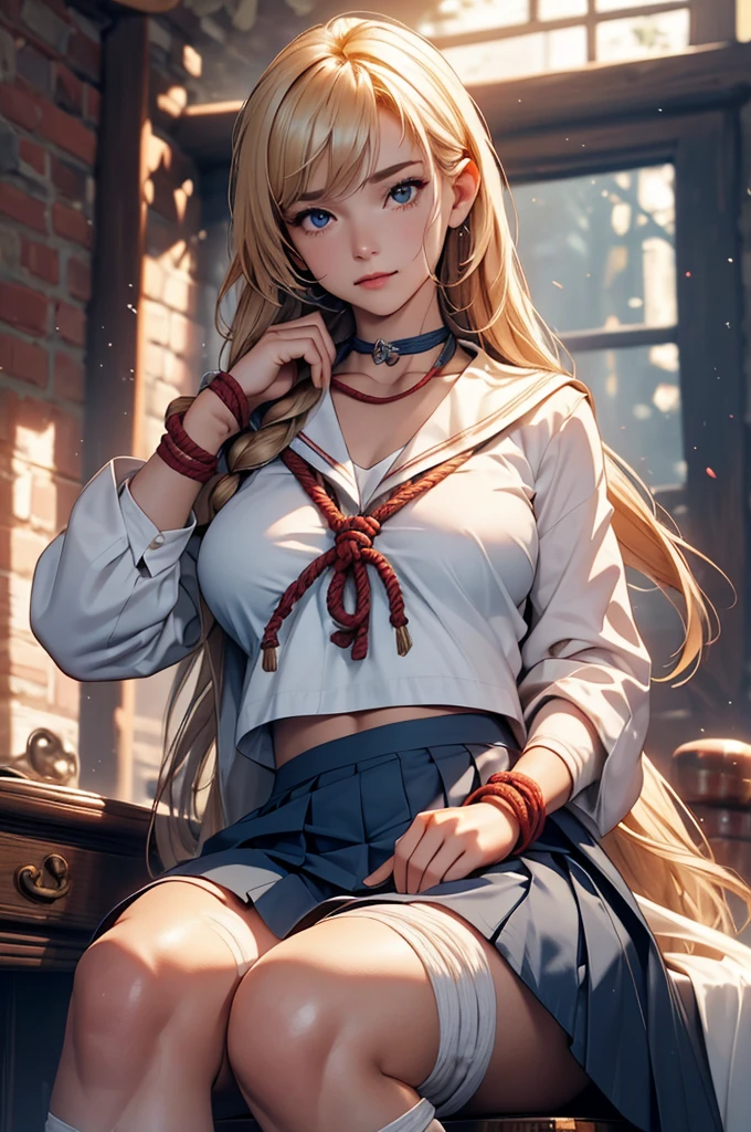 (Highly detailed CG Unity 8k), (Highest quality),(Very detailed),(Ultra-high resolution), 1 female, white cloth gag, uniform, Sailor suit, Rope Bondage, breasts Rope Bondage, hands back Rope Bondage, leg Rope Bondage, thigh Rope Bondage, bust Rope Bondage, feet Rope Bondage, Put your arms behind your hips, Wrists tied, Tie your ankles, Gagged with a white cloth, Dark Blue Skirt, The rocking horse is so high that my feet can't reach it.., (His feet are on the rocking horse:1.4), Crying face, Ticker,
information