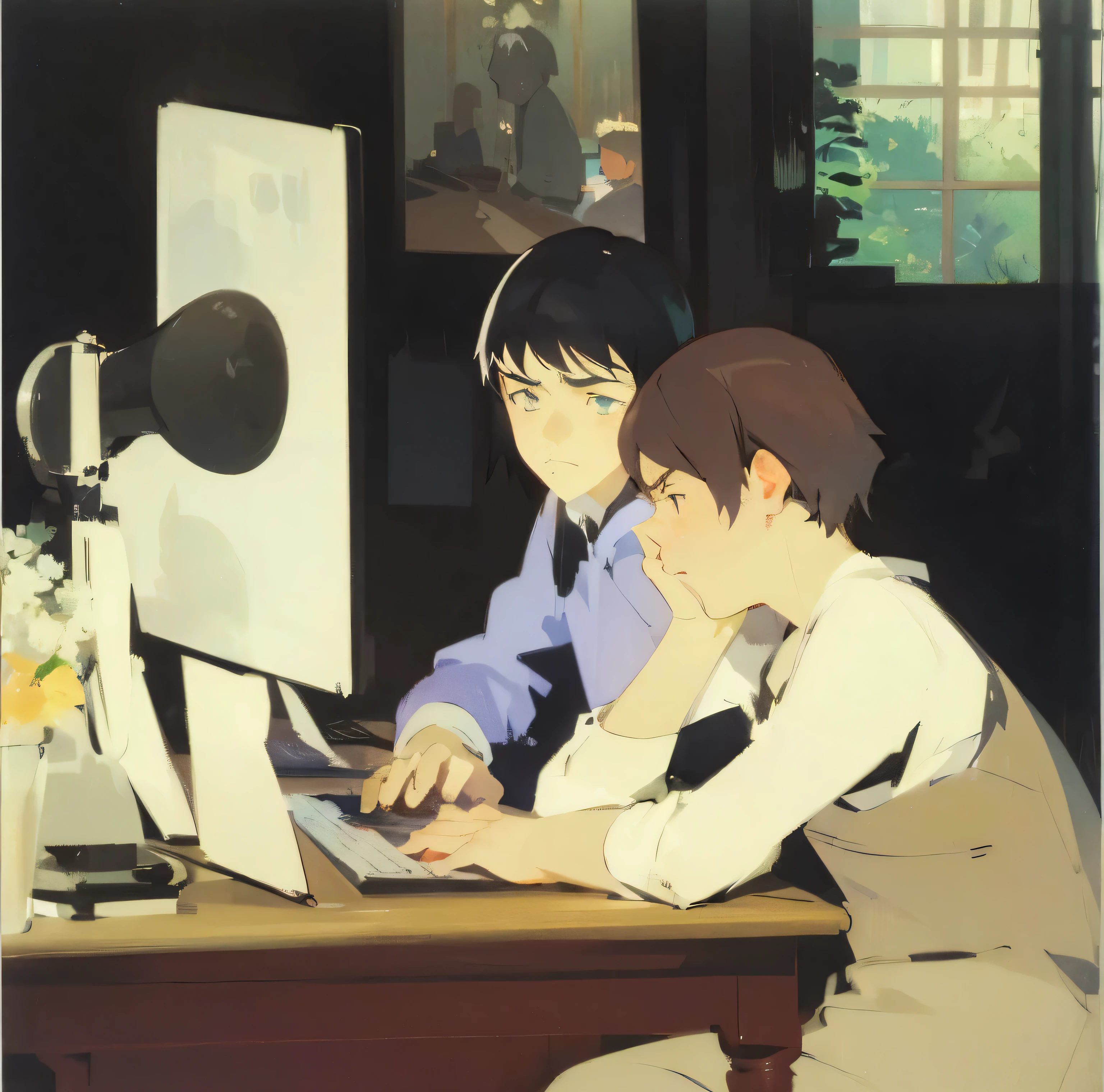 lose up, two caucasian teens kids in a dark room on the computer, moody lighting, bored, sad, miserable, art by alex katz, art by elizabeth peyton, art by Yuki Ohshima, art by Makoto Shinkai, art by kaiji kawaguchi, art by makoto aida
