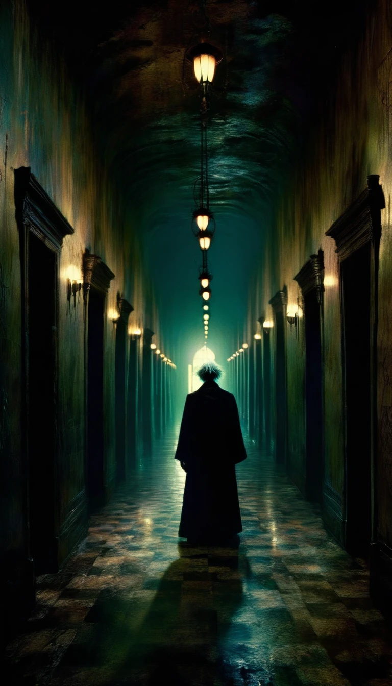 a dark labyrinth, twisted hallways, despair, looming shadows, Bill Sienkiewicz inspired, surreal, dreamlike, moody lighting, dramatic shadows, muted color palette, gritty texture, intricate details, cinematic composition, unsettling atmosphere, haunting presence, macabre, gothic elements, chiaroscuro lighting, (best quality,4k,8k,highres,masterpiece:1.2),ultra-detailed,(realistic,photorealistic,photo-realistic:1.37)