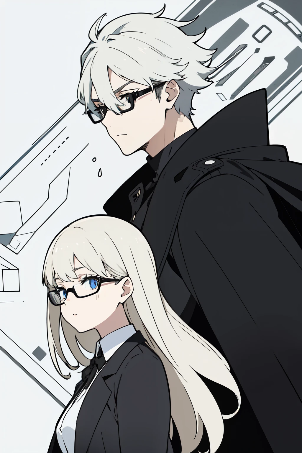 Anime, Create a male character with a black overcoat and black glasses, and smart side-swept hair, strong physique, but passive at the same time. black mascara, and big, expressive eyes, with huge, feminine eyelashes