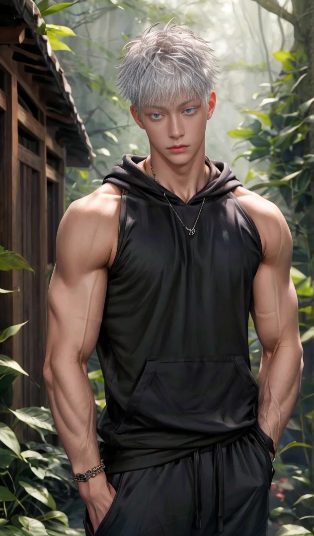 1 male, high resolution 4k, adult, handsome, perfect face detail, detailed eyes and face, clean shaved, sixpack realistic, white eyebrow hair, white eyelashes, Naked torso, Detailed face, perfect face, dynamic lighting, unreal engine, hd picture, satoru gojo, Jujutsu kaisen, white hair, short hair ,hair between eyes ,blue eyes, white skin, singlet hoodie jacket, Watch Necklace