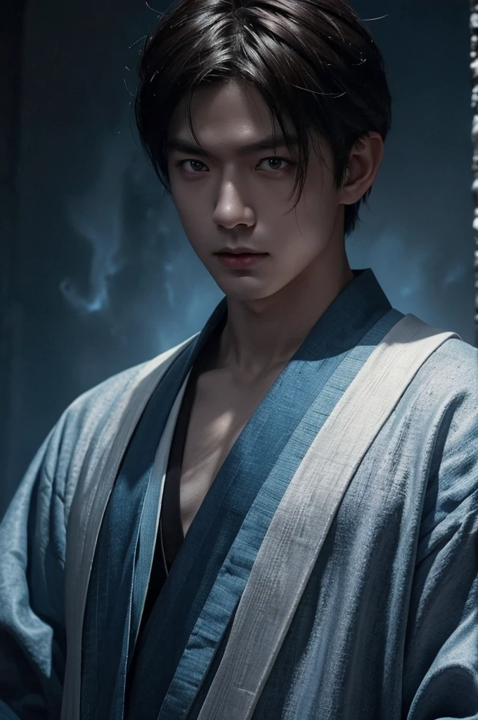 I want a man with white skin, with slanted eyes of Japanese descent covered in a demonic blue aura, I want him to have a hateful expression and dark, firm brown eyes, and a blue demonic aura with a trace of ice on his skin that surrounds his entire being, This man has two white horns that are embedded in blue flames and will have short brown hair and will wear a silver chain around his neck., pink lips with small traces of ice, will wear a gray and blue kimono with radiant white crystals, appear to be at least 24 years old. captured in an ultra-realistic full HD 4K portrait, detailed texture showing its menacing shape, Immersive atmosphere, high definition shadow play, digitalpainting, nevoa no environment. I want a different monster from each other and make the image darker, obscure, creating a dark and dimly lit horror atmosphere!