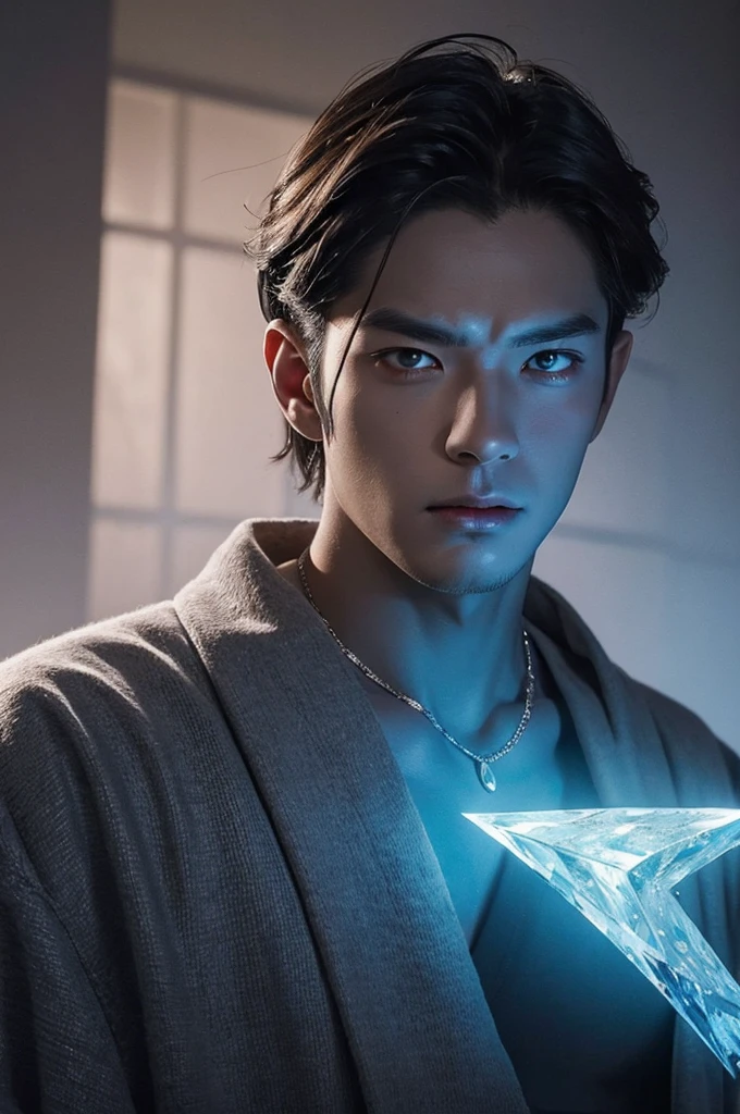 I want a man with white skin, with slanted eyes of Japanese descent covered in a demonic blue aura, I want him to have a hateful expression and dark, firm brown eyes, and a blue demonic aura with a trace of ice on his skin that surrounds his entire being, This man has two white horns that are embedded in blue flames and will have short brown hair and will wear a silver chain around his neck., pink lips with small traces of ice, will wear a gray and blue kimono with radiant white crystals, appear to be at least 24 years old. captured in an ultra-realistic full HD 4K portrait, detailed texture showing its menacing shape, Immersive atmosphere, high definition shadow play, digitalpainting, nevoa no environment. I want a different monster from each other and make the image darker, obscure, creating a dark and dimly lit horror atmosphere!
