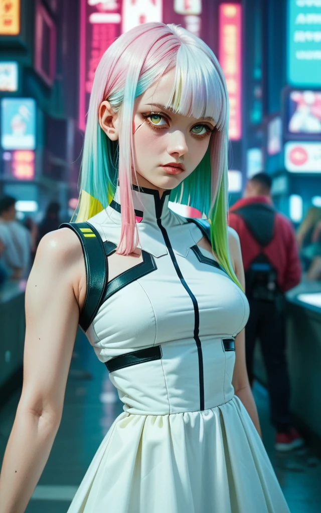 lucy \(cyberpunk\), masterpiece, high detail, 8k, 1girl, hime cut, white hair, blue hair, pink hair, yellow hair, green hair, multicolored hair, parted bangs, dress, cyberpunk \(series\)