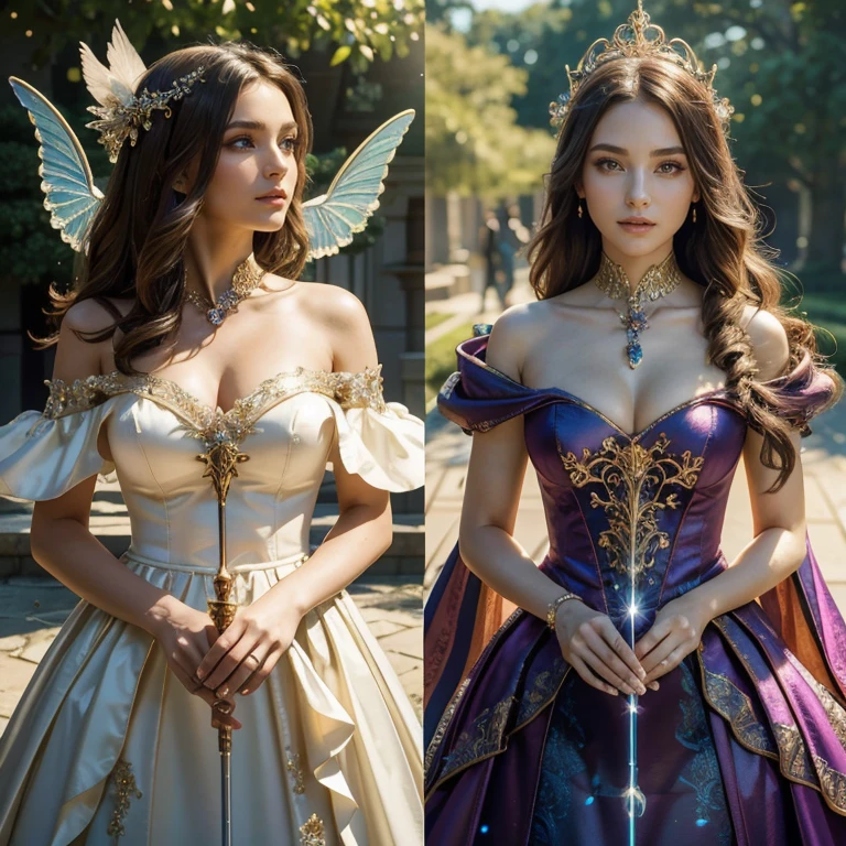 (masterpiece, best quality:1.5), highest quality, High resolution, super detailed, Realists, Upper body photo of a brunette sorceress, detailed and beautiful eyes, beautiful detailed lips, very detailed eyes and face, longeyelashes, shiny satin dress, Holding a wand in your hand and performing a transformation spell, Magic wands present and shiny, Beautiful and colorful makeup, elegant and noble々The jewelry bag, Gardens as background, soft daylight, bright colors, fine brushstrokes, Portrait style, Silk dress fabric, beautiful color palette, glowing skin, First-class rendering, that captures every detail, enchanting atmosphere, subtle shadows and lights, (perfect anatomy:1.2), (The two stunning sorceresses transform birds into bouquets (a transformation with the magic wand:1.4), (magnificent panorama view:1.2)
