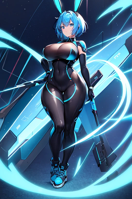 1girl, wide hips, large breasts, wide hips, blue hair, short hair, very short hair, blue eyes, bodysuit, black bodysuit, futuristic, machinery, science-fiction, tech, shoes, sneakers, neon trim, blue neon trim, full body, bunny ears, rabbit ears