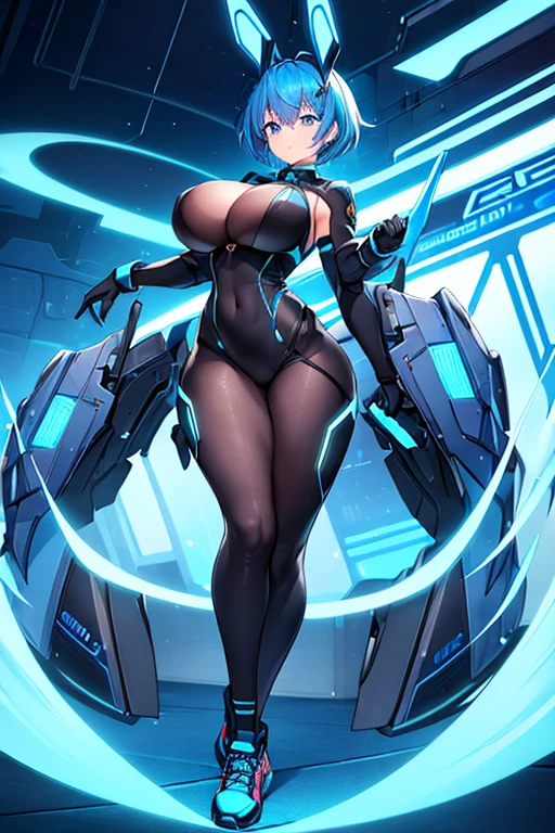 1girl, wide hips, large breasts, wide hips, blue hair, short hair, very short hair, blue eyes, bodysuit, black bodysuit, futuristic, machinery, science-fiction, tech, shoes, sneakers, neon trim, blue neon trim, full body, bunny ears, rabbit ears