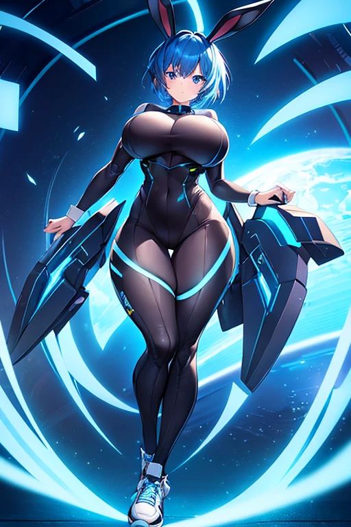 1girl, wide hips, large breasts, wide hips, blue hair, short hair, very short hair, blue eyes, bodysuit, black bodysuit, futuristic, machinery, science-fiction, tech, shoes, sneakers, neon trim, blue neon trim, full body, bunny ears, rabbit ears