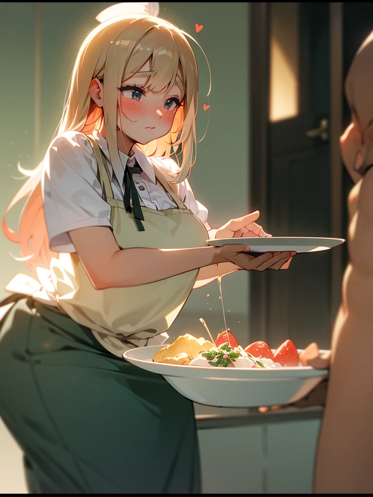(Sumilux f1.4 50mm , low Latitude old color negative film , cross process , bokeh, flare, chromatic aberration , soft focus, (Shallow focus) , soft glow , Maximum aperture, low Key , Transparent depiction) , kawaii hentai anime style , coquettish , Clumsy Cafe clerk BBW , open blouse, apron, skirt , heart is beating fast with anticipation , Drop and break dishes , peeing