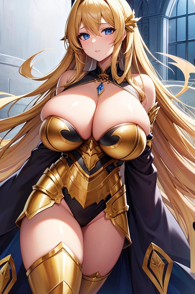 best quality, extremely beautiful, beautiful face, angel woman, big breasts, huge breasts, four huges golden wing, revealing armor with open front skirt, breasts visible, breasts almost naked, very long blond hair, blue eyes