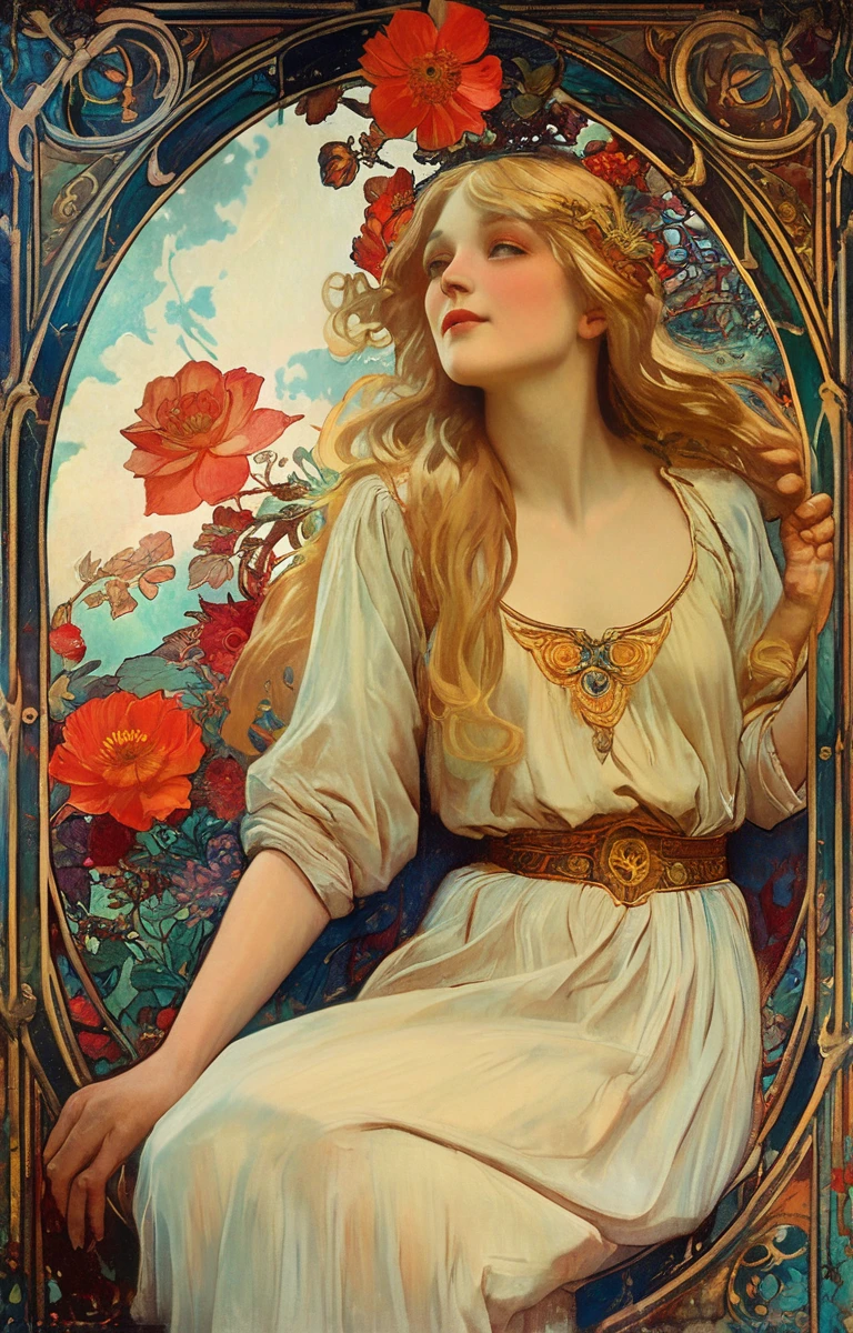 European woman portrait, goddess, Waist, Long flowing hair, Blonde, Oil painting feeling, Model imposing flower frame, decorative panel, abstraction, directed by: Alphonse Mucha (Main part, extremely high quality, High resolution: 1.4), detailed, intricate details, 4K, splash of color, Line art, Fibonacci, Wear underwear