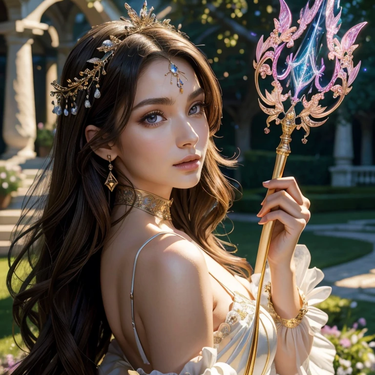 (masterpiece, best quality:1.5), highest quality, High resolution, super detailed, Realists, Upper body photo of a brunette sorceress, detailed and beautiful eyes, beautiful detailed lips, very detailed eyes and face, longeyelashes, shiny satin dress, Holding a wand in your hand and performing a transformation spell, Magic wands present and shiny, Beautiful and colorful makeup, elegant and noble々The jewelry bag, Gardens as background, soft daylight, bright colors, fine brushstrokes, Portrait style, Silk dress fabric, beautiful color palette, glowing skin, First-class rendering, that captures every detail, enchanting atmosphere, subtle shadows and lights, (perfect anatomy:1.2), (The stunning sorceress turns birds into bouquets (a transformation with the magic wand:1.4), (magnificent panorama view:1.2)