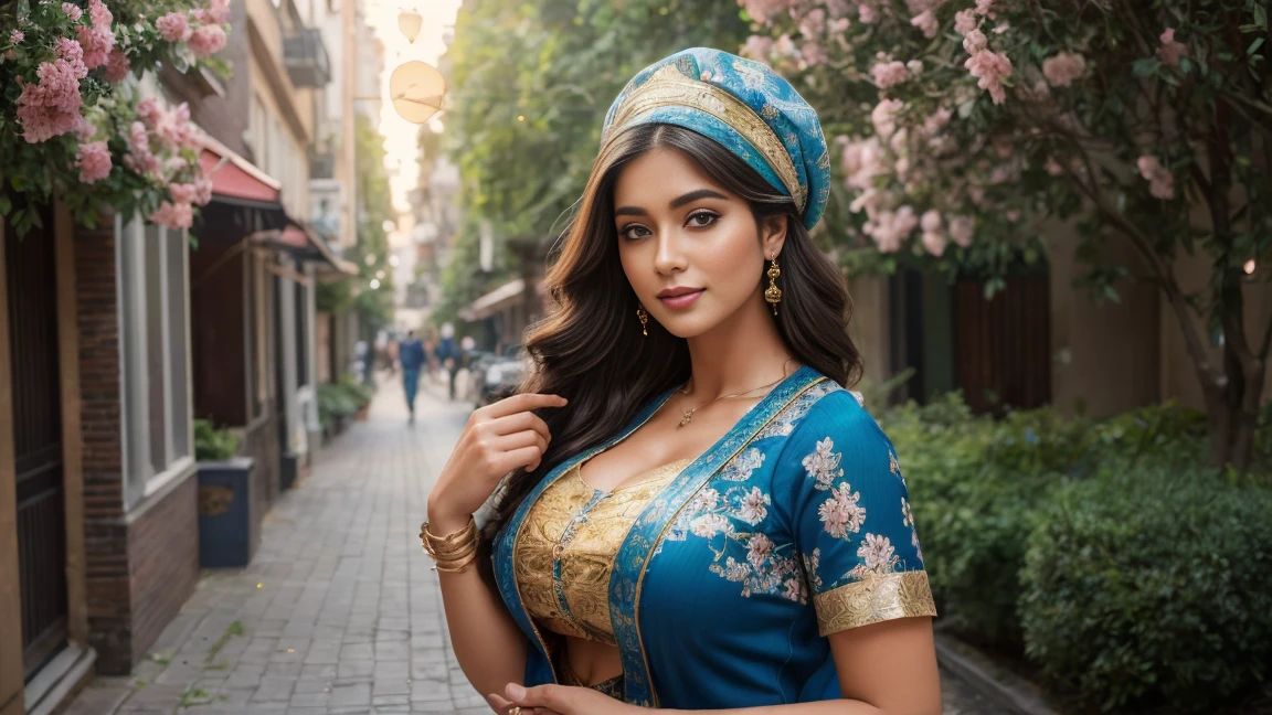 Half body of a confident looking Bangladeshi woman, naughty face, pouting, and long, thick hair, (work of art, best qualityer:1.2), looking ahead at viewer, hazel eyes, a smile on the face, real and vigorous look, posing like a professional model for a photoshoot, (((large breasted))), perfect composition and light, hyperrealisti, super verbose, 8k, high qualiy, trending art, Trends in the art season, photoshot, details Intricate, highy detailed, ((huge open breasts)), (((Dutch spring details background)))), (((wearing a blue Hijab with a hat with floral designs and golden patterns, With short sleeves))), ((((big and sexy hourglass body shape)))), ((((Dutch Spring detailed the history behind it)))), (((fashion photo portrait))), ((long wavy and thick hair style)), (((hyperrealisti textura da pele com blush facial))), bobbles de cabelo, shudder, solid circle eyes, drlight smile, ear flush, tusk, precise, make up, Surrealism, projected shadow, anáglifo, stereogram, tachi-e, ass pov, atmospheric perspective, shine light, retroLighting, ray tracing, image fill, anáglifo, stereogram, Sweep Lines, speed lines, silhuette, vignette, 8k, super detaill, best qualityer, realisitic, reflexes, Lighting
