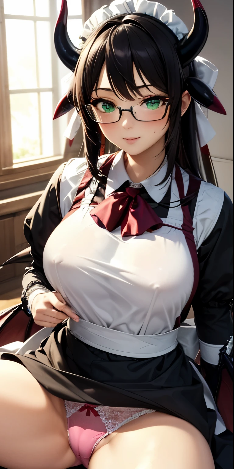 1 Female,High definition,high resolution,Ultra-realistic,8K, House_Dragonmaid_YGO, 1girl, green eyes, black hair, long hair, dragon girl, dragon horns, black horns, multicolored horns, dragon tail, dragon wings, collared dress, long dress, long sleeves, maid, maid apron, lace-trimmed apron, maid headdress, y long sleeves, puffeeves, res ascot, glasses, European,sexy,Uppbody close-up,Photographed from the front,Dynamic Angles,blush, big tits, hnk the eye,facial, sweat,multicolored hair ,(wide thighs:1.4),(pink panties),(show pantitting,spread leltoe 
