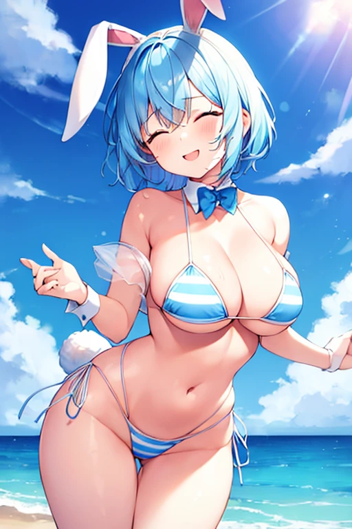 1girl, rabbit ears, bunny ears, light blue hair, very short hair, closed eyes, large breasts, wide hips, highleg bikini, white bikini, beach, blue stripes, striped bikini, blue hair, smile, animal ears, animal ear fluff, hourglass figure, toned