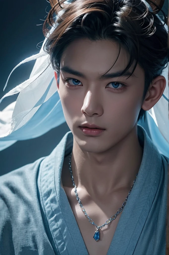 I want a man with white skin, with slanted eyes of Japanese descent covered in a demonic blue aura, I want him to have a hateful expression and dark, firm brown eyes, and a blue demonic aura with a trace of ice on his skin that surrounds his entire being, This man has two white horns that are embedded in blue flames and will have short brown hair and will wear a silver chain around his neck., pink lips with small traces of ice, will wear a gray and blue kimono with radiant white crystals, appear to be at least 21 years old. captured in an ultra-realistic full HD 4K portrait, detailed texture showing its menacing shape, Immersive atmosphere, high definition shadow play, digitalpainting, nevoa no environment. I want a different monster from each other and make the image darker, obscure, creating a dark and dimly lit horror atmosphere!