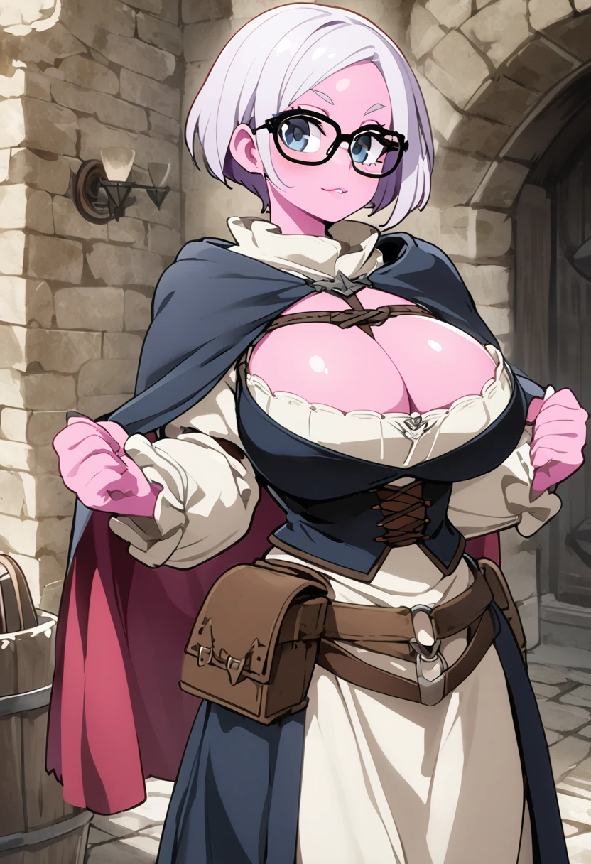 heavy busty, pink skin, corporative, short hair, glasses, medieval clothes, medieval background