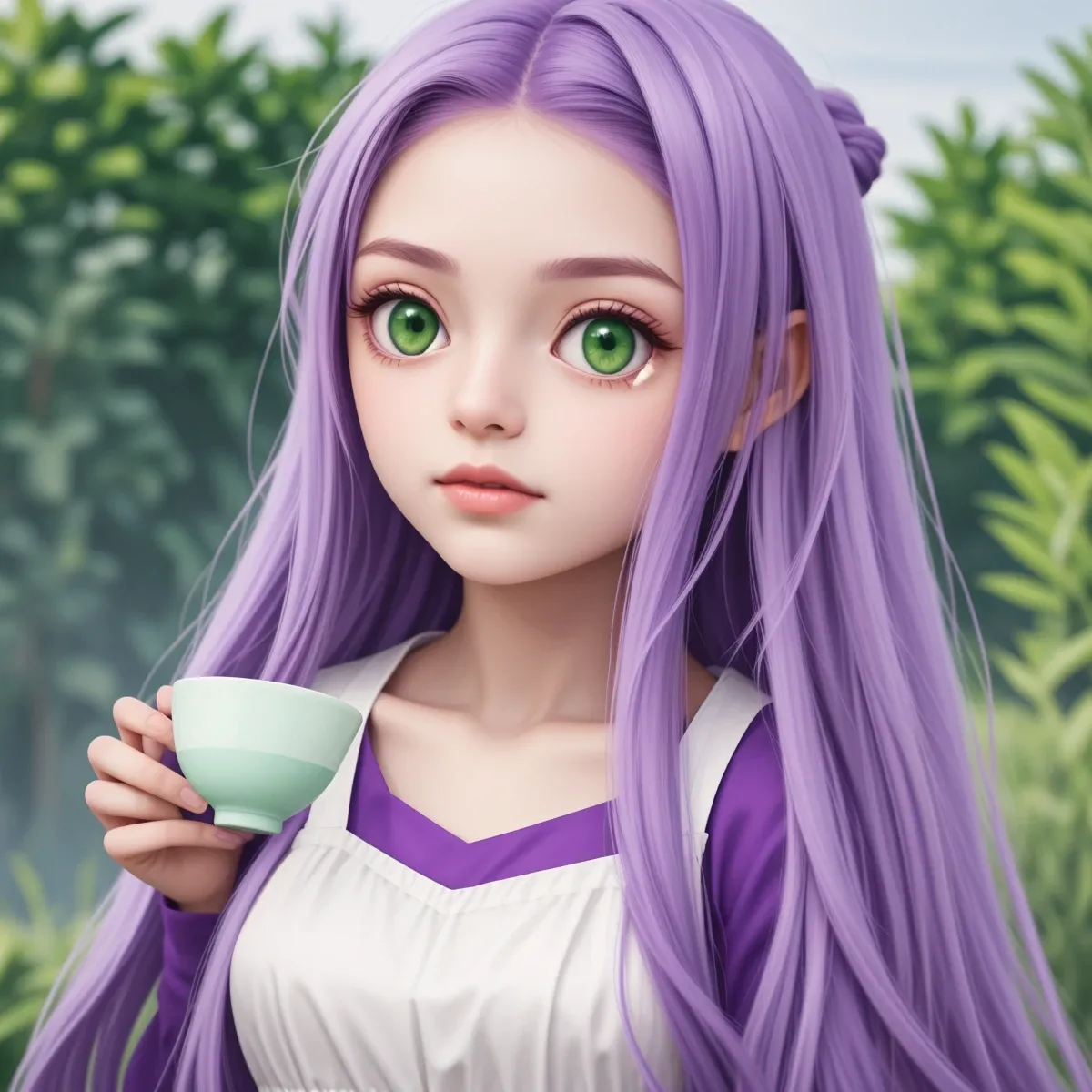 digital artwork of 1girl, green eyes, very long hair, purple hair, purpe dress, holding tea cup,, best quality, highres, 4k