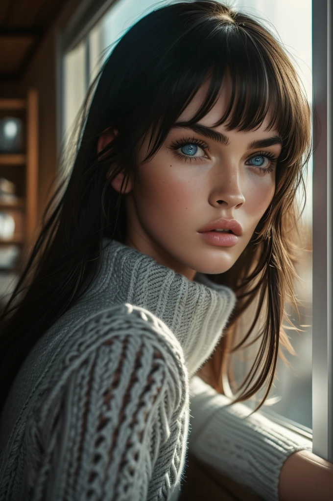Megan Fox, ultra-detailed Nordic eyes, bangs, knit sweater, (((masterpiece, ultra-detailed face))).