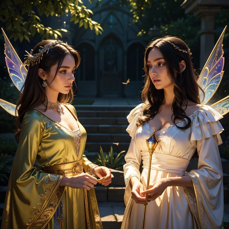 (masterpiece, best quality:1.5), highest quality, High resolution, super detailed, Realists, Upper body photo of a brunette sorceress, detailed and beautiful eyes, beautiful detailed lips, very detailed eyes and face, longeyelashes, shiny satin dress, Holding a wand in your hand and performing a transformation spell, Magic wands present and shiny, Beautiful and colorful makeup, elegant and noble々The jewelry bag, Gardens as background, soft daylight, bright colors, fine brushstrokes, Portrait style, Silk dress fabric, beautiful color palette, glowing skin, First-class rendering, that captures every detail, enchanting atmosphere, subtle shadows and lights, (perfect anatomy:1.2), (The two stunning sorceresses transform birds into girls (a transformation with the magic wand:1.4), (magnificent panorama view:1.2)
