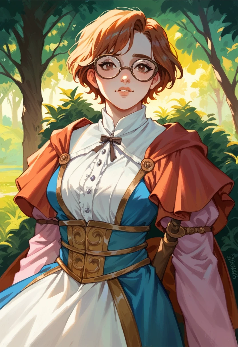 heavy busty, pale skin, corporative, short hair, glasses, medieval clothes, medieval background