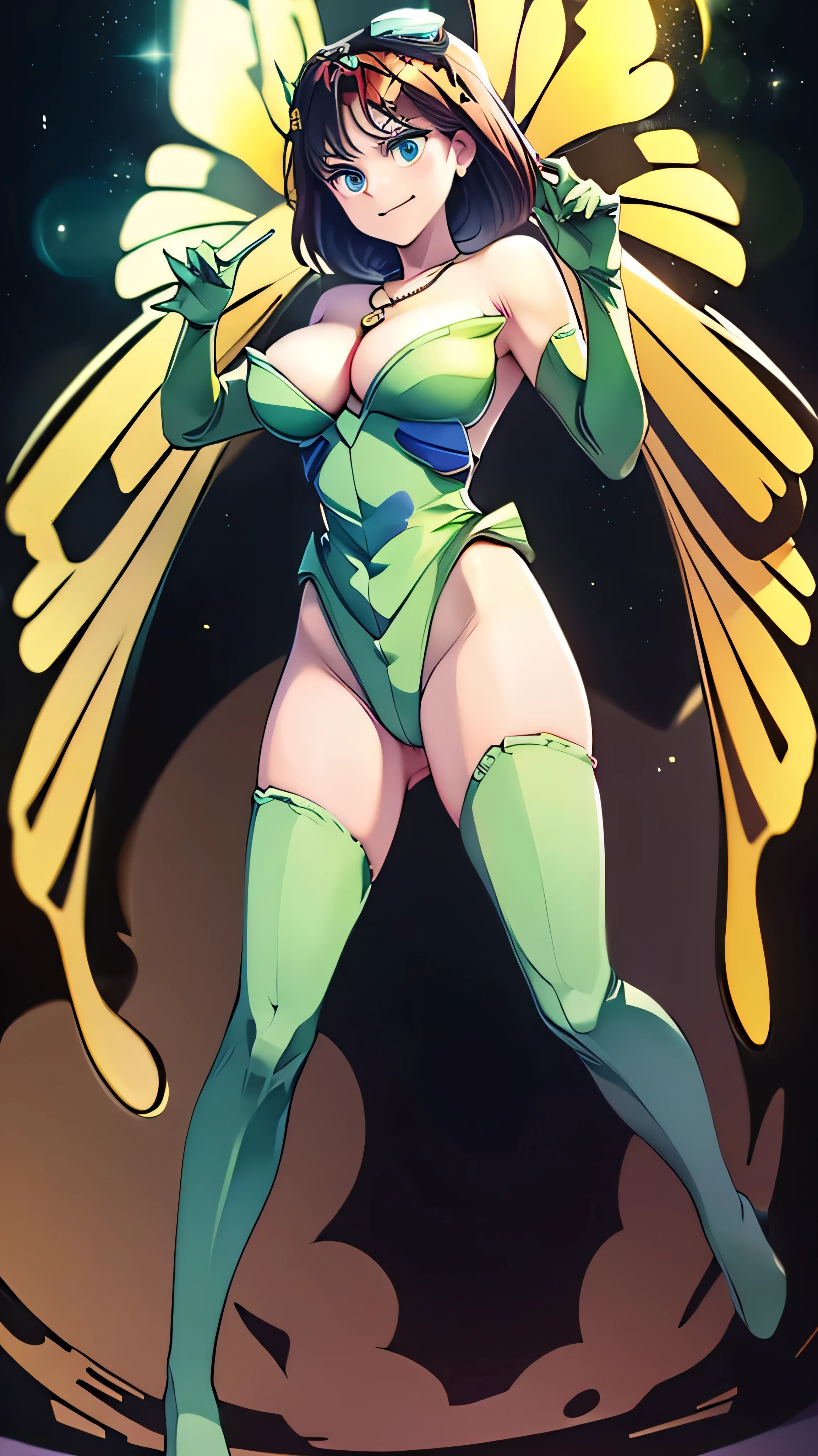 ((masterpiece,Highest quality,Very delicate,Perfect Face,16K,High resolution,Very beautiful woman)),Yellow butterfly wings on head,Brown medium shorthair,Black hair ornament:1.2,Green leotard,Green Long Boots ,Green long sleeve gloves, Large Breasts,Gold Necklace,Seductive pose,Cowboy shot Bad face,,two hands,Two legs,five fingers,evil background,elbow gloves, Wicked Smile, devilish aura (Shiny fabric:1.5),Dark world background,solo,feet,