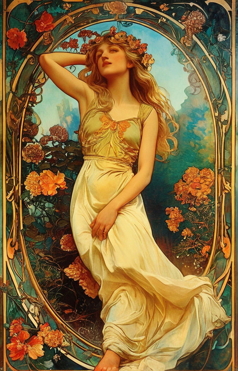 European woman portrait, goddess, Waist, Long flowing hair, Blonde, Oil painting feeling, model, Flower frame, decorative panel, abstraction, directed by: Alphonse Mucha (Main part, extremely high quality, High resolution: 1.4), detailed, intricate details, 4K, splash of color, Line art, Fibonacci, Wear underwear