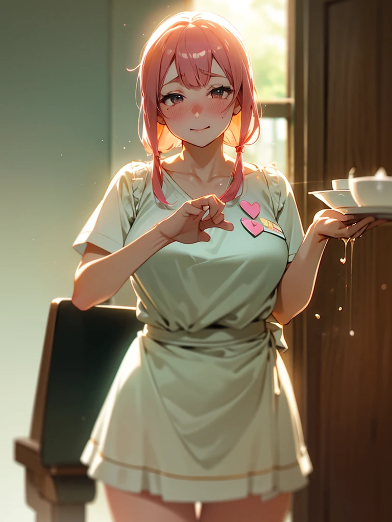(Sumilux f1.4 50mm , low Latitude old color negative film , cross process , bokeh, flare, chromatic aberration , soft focus, (Shallow focus) , soft glow , Maximum aperture, low Key , Transparent depiction) , kawaii hentai anime style , coquettish , Clumsy Cafe clerk BBW , open blouse, apron, skirt , heart is beating fast with anticipation , Drop and break dishes , showing off the pee