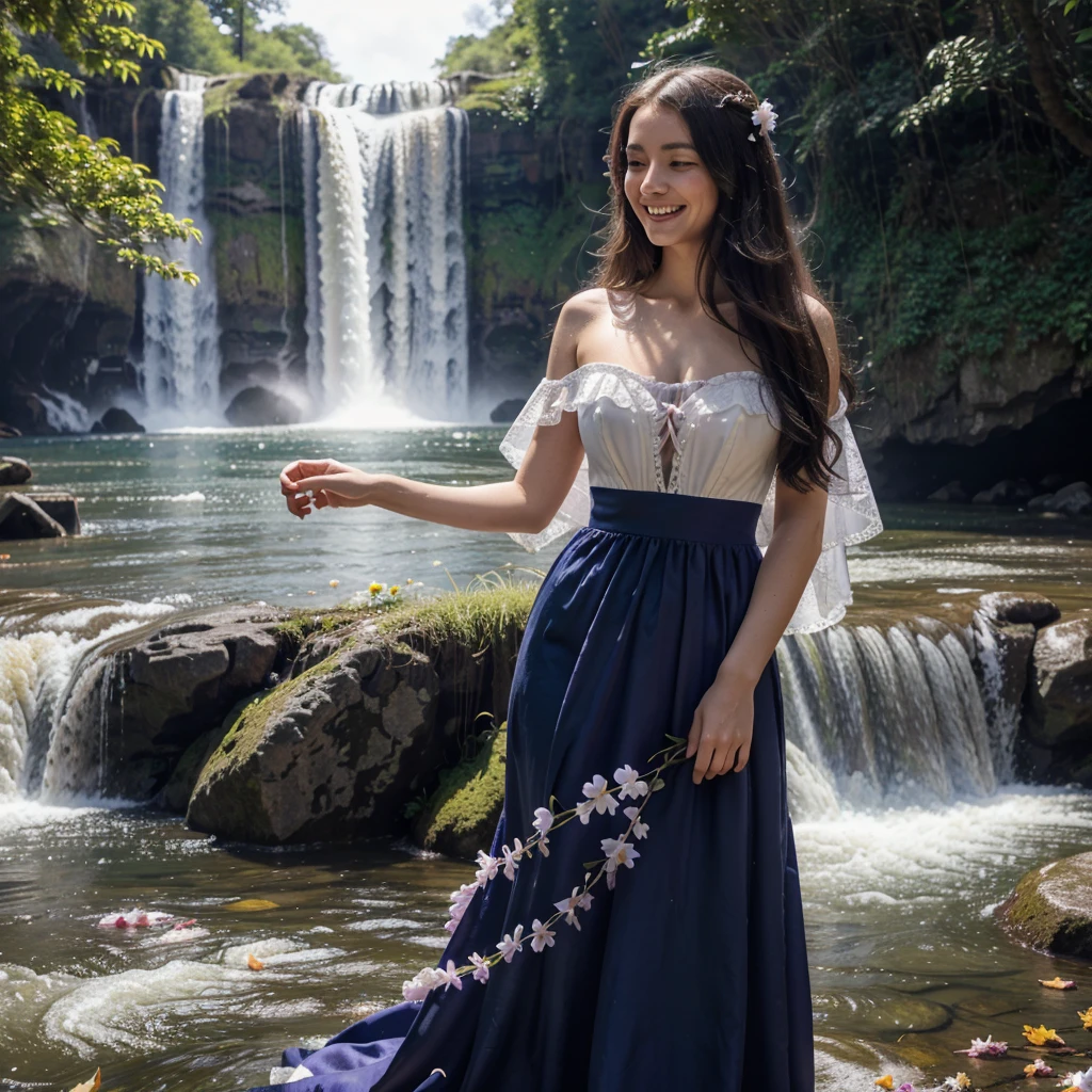 A ultra-detailed, realistic photo of a woman standing near a waterfall, the bodice of her gown is navy violet lace, the huge bottom spreads out around her and is made of purple and light yellow leaf shaped petals, each petal surrounded by what looks like white sea foam, the white foam is lighted to accent each petal, long hair and happy smiling, background is a sunrise