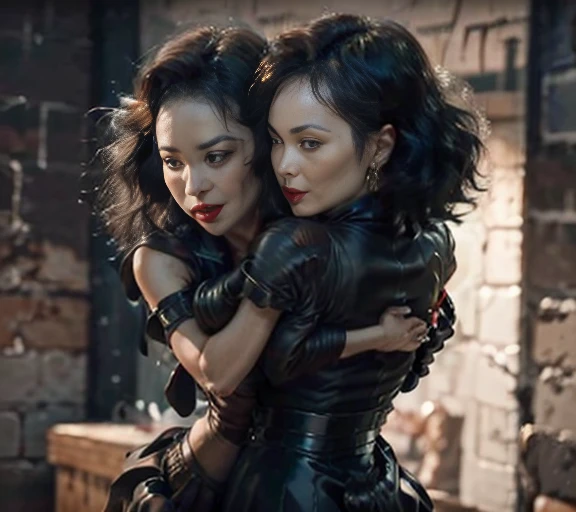 proFessional photograph oF a gorgeous smiling happy soaked Bettie page girl and her sister, (( grabbing from behind, kissing her on the neck,biting his ear )dressed with a large black leather coat,ponytail Black hair, red lipstick,black long maxi-skirt(black long maxi-skirt:1.2),sultry Flirty look, gorgeous symmetrical Face, joli maquillage naturel, wearing elegant warm winter Fashion clothing,flirting with the camera, ((black leather gloves)),, ultra realistic, art conceptuel, elegant, Very detailed, complexe, sharp Focus, depth oF Field, F/1. 8, 85mm, (((proFessionally color graded))), bright soFt diFFused light, (volumetric Fog), tendance sur Instagram, hdr 4k, 8K