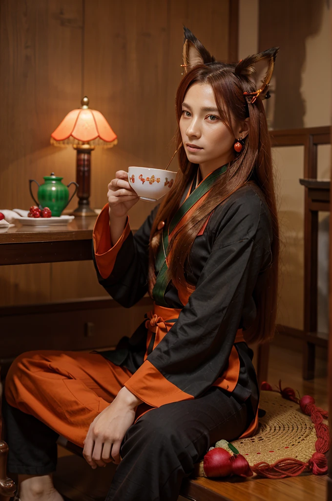 1boy, red eyes, fox ears, orange long hair, nine fox tails, red and green earrings in the ears, earrings in the shape of berries, black Hanfu, dark brown pants, Geats on his feet, sitting at the table, drinking tea from a saucer, The background is a room of a Chinese palace