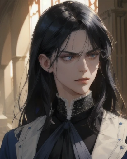 man, 30's, long straight black hair, piercing blue eyes, side-swept bangs, mature, pissed off, sharp jaw, god eyes, white cravat, full navy blue suit, detailed realistic portrait, photorealistic, hyperrealistic, 8k, detailed clothing, beautiful detailed eyes, beautiful detailed lips, extremely detailed face, cinematic lighting, dramatic shadows, warm color tones, natural lighting, highly detailed, intricate ornate details, masterpiece, artstation, sharp focus, hyper detailed, victorian era