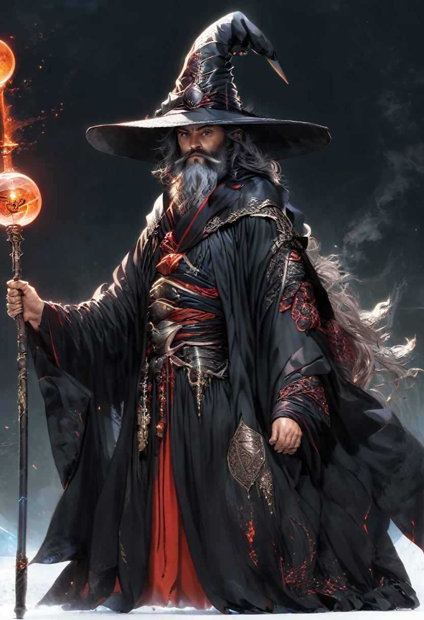 Solo, Male, blood moon, back turned, long black robe, armored robe, black and silver wizard hat, middle aged, beard scruffed, non-chalant, careless, apathetic, squinting, holding magical staff