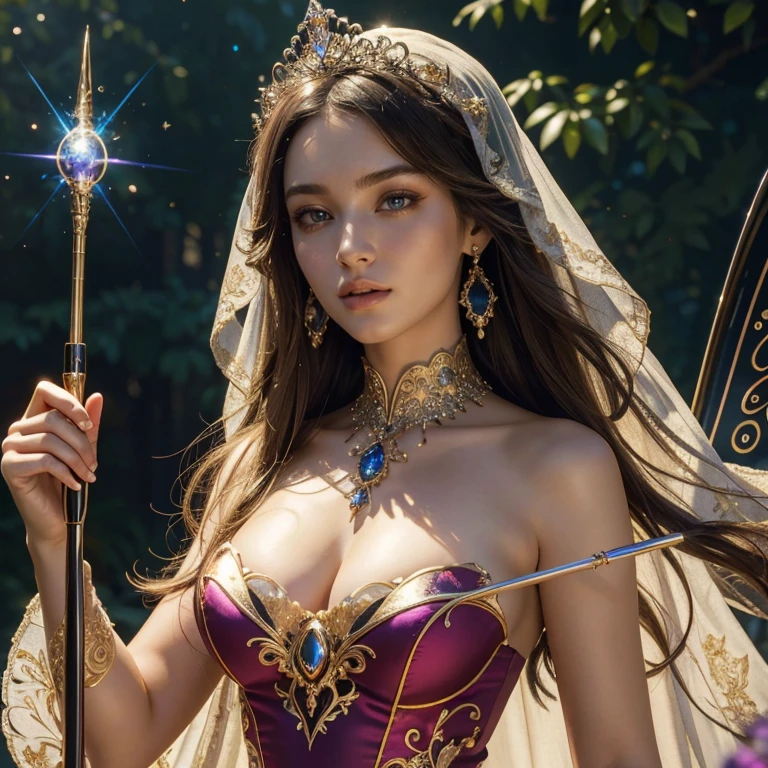 (masterpiece, best quality:1.5), highest quality, High resolution, super detailed, Realists, Upper body photo of a brunette sorceress, detailed and beautiful eyes, beautiful detailed lips, very detailed eyes and face, longeyelashes, shiny satin dress, Holding a wand in your hand and performing a transformation spell, Magic wands present and shiny, Beautiful and colorful makeup, elegant and noble々The jewelry bag, Gardens as background, soft daylight, bright colors, fine brushstrokes, Portrait style, Silk dress fabric, beautiful color palette, glowing skin, First-class rendering, that captures every detail, enchanting atmosphere, subtle shadows and lights, (perfect anatomy:1.2), (The stunning sorceress transforms bouquets (a transformation with the magic wand:1.4), (magnificent panorama view:1.2)