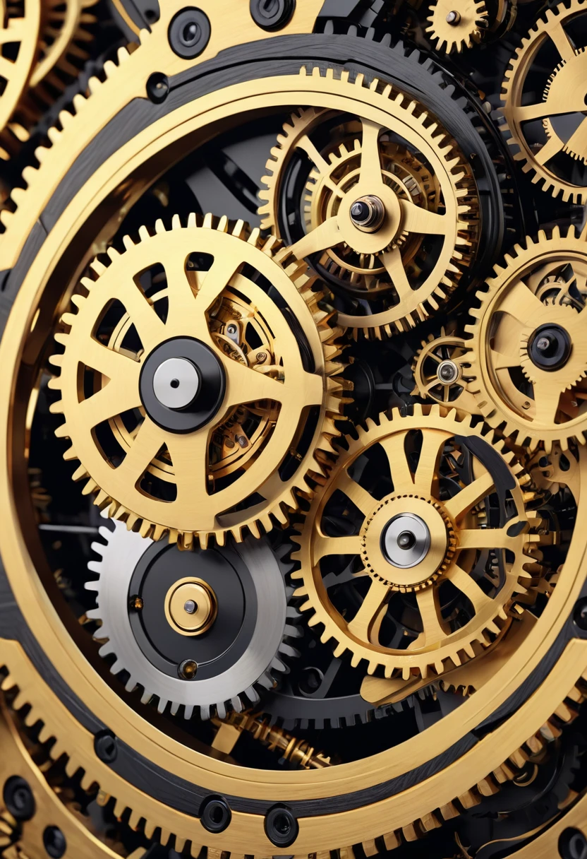a highly detailed mechanical clockwork mechanism, complicated gears and components, Gold, brown, and black colors, ultra-detailed 4K resolution, sharp edges, photorealestic, Detailed technology, Precision machines, Komplexes Design, mechanical precision, industrial aesthetic