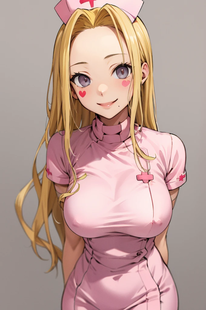 masterpiece, best quality, highres, aaluis, long hair, facial mark, mole under mouth,(((nurse costume,,))),smile,cowboy shot,blonde,grey background,big breasts