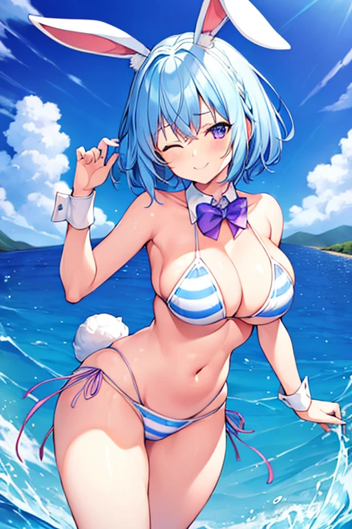 1girl, rabbit ears, bunny ears, light blue hair, very short hair, one eye closed, purple eyes, large breasts, thick thighs, highleg bikini, white bikini, beach, blue stripes, striped bikini, blue hair, smile, animal ears, animal ear fluff, hourglass figure, toned