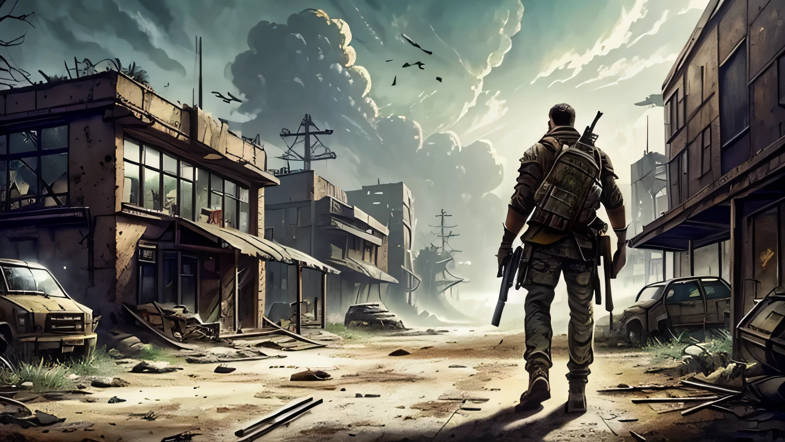 Arafed soldier with a gun in the forest against the background of a building, Postapocalyptic theme park, in a Postapocalyptic wasteland, in a Postapocalyptic setting, Postapocalyptic, Postapocalyptic atmosphere, Postapocalyptic, Postapocalyptic, fps game concept art, realistic apocalyptic war scene, post-apocalyptic atmosphere, Postapocalyptic vibe, Postapocalyptic world