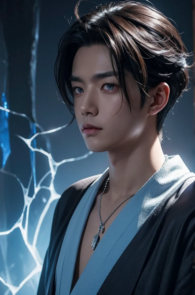 I want a man with white skin, with slanted eyes of Japanese descent covered in a demonic blue aura, I want him to have a hateful expression and dark, firm brown eyes, and a blue demonic aura with a trace of ice on his skin that surrounds his entire being, This man has two white horns that are embedded in blue flames and will have short brown hair and will wear a silver chain around his neck., pink lips with small traces of ice, will wear a gray and blue kimono with radiant white crystals, appear to be at least 24 years old. captured in an ultra-realistic full HD 4K portrait, detailed texture showing its menacing shape, Immersive atmosphere, high definition shadow play, digitalpainting, nevoa no environment. I want a different monster from each other and make the image darker, obscure, creating a dark and dimly lit horror atmosphere!