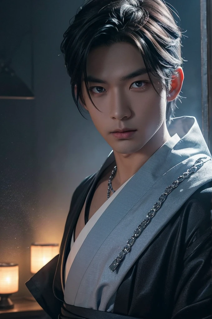 I want a man with white skin, with slanted eyes of Japanese descent covered in a demonic blue aura, I want him to have a hateful expression and dark, firm brown eyes, and a blue demonic aura with a trace of ice on his skin that surrounds his entire being, This man has two white horns that are embedded in blue flames and will have short brown hair and will wear a silver chain around his neck., pink lips with small traces of ice, will wear a gray and blue kimono with radiant white crystals, appear to be at least 24 years old. captured in an ultra-realistic full HD 4K portrait, detailed texture showing its menacing shape, Immersive atmosphere, high definition shadow play, digitalpainting, nevoa no environment. I want a different monster from each other and make the image darker, obscure, creating a dark and dimly lit horror atmosphere!