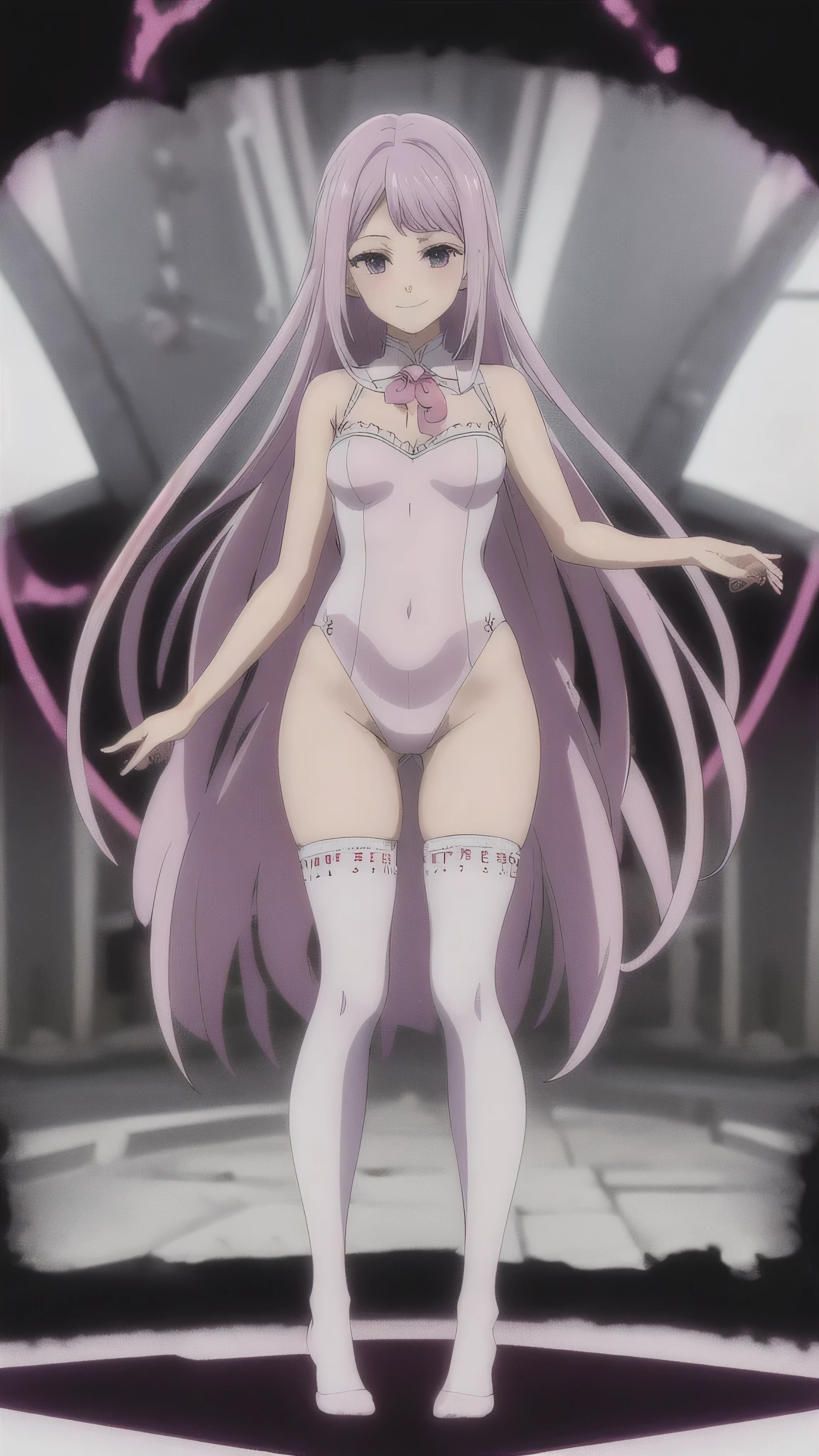 (masterpiece),(Highest quality),(Dark aura),Melascula,(anime),Hollow Eyes,length_hair,pink_hair,purple_hair,鈍い前hair,leotard,Knee socks,White bodysuit,White cloth,Medium chest,belly button,stomach,magic,(smile),Are standing,Looking_in_Audience,two hands,Two legs,five fingers,evil background,, Wicked Smile, devilish aura (Shiny fabric:1.5),Dark world background,solo,feet,