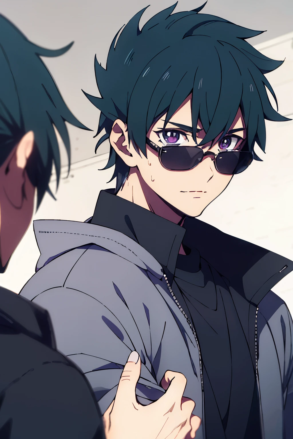 Anime, Create a male character with a black overcoat and black glasses, and smart side-swept hair, strong physique, but passive at the same time. black mascara, and big, expressive eyes, with huge, feminine eyelashes
