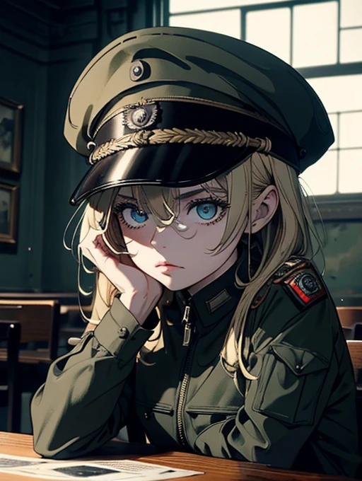 Masterpiece, black blonde styled hair, gloomy girl, dystopian world, military cap, pale military uniform, brown eyes, closed clothung, sits, gloomy military table in the dining room, dystopic art in green iron lights, dim white lights, dystopian post-war cyberpunk