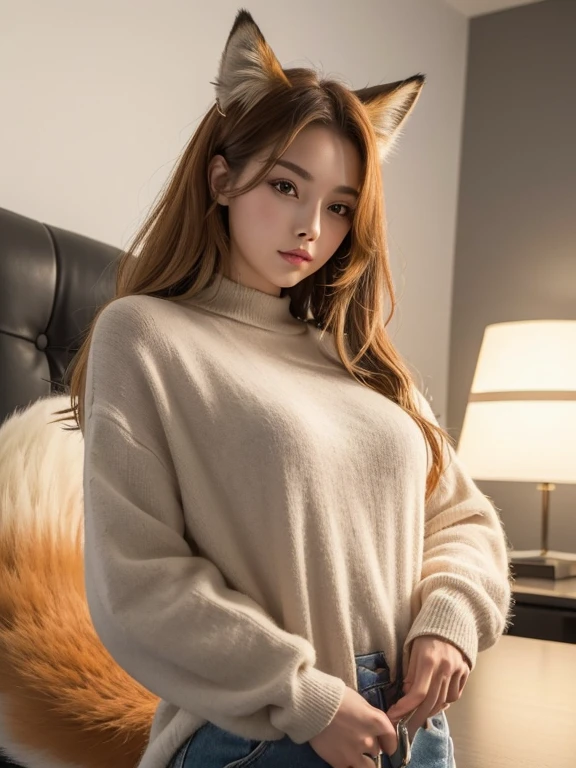((Highest quality, 32K)), ((masterpiece)), (Familiar), Perfect Face, Fox Girl, pretty girl, Company Office, Has a tail, She has a fox&#39;s tail, She stands up her fluffy tail, Beautiful hip line, Thick thighs, Fur collar, A large tail sticks out, On all fours, Shyly staring at his tail, She only has one tail
